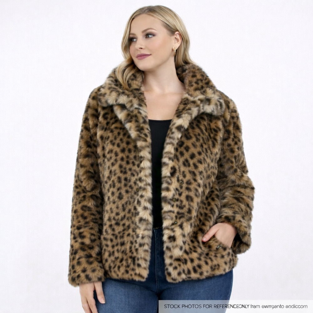 C&C California Leopard Faux Fur Coat Jacket Animal Print Glam Statement Coat 10